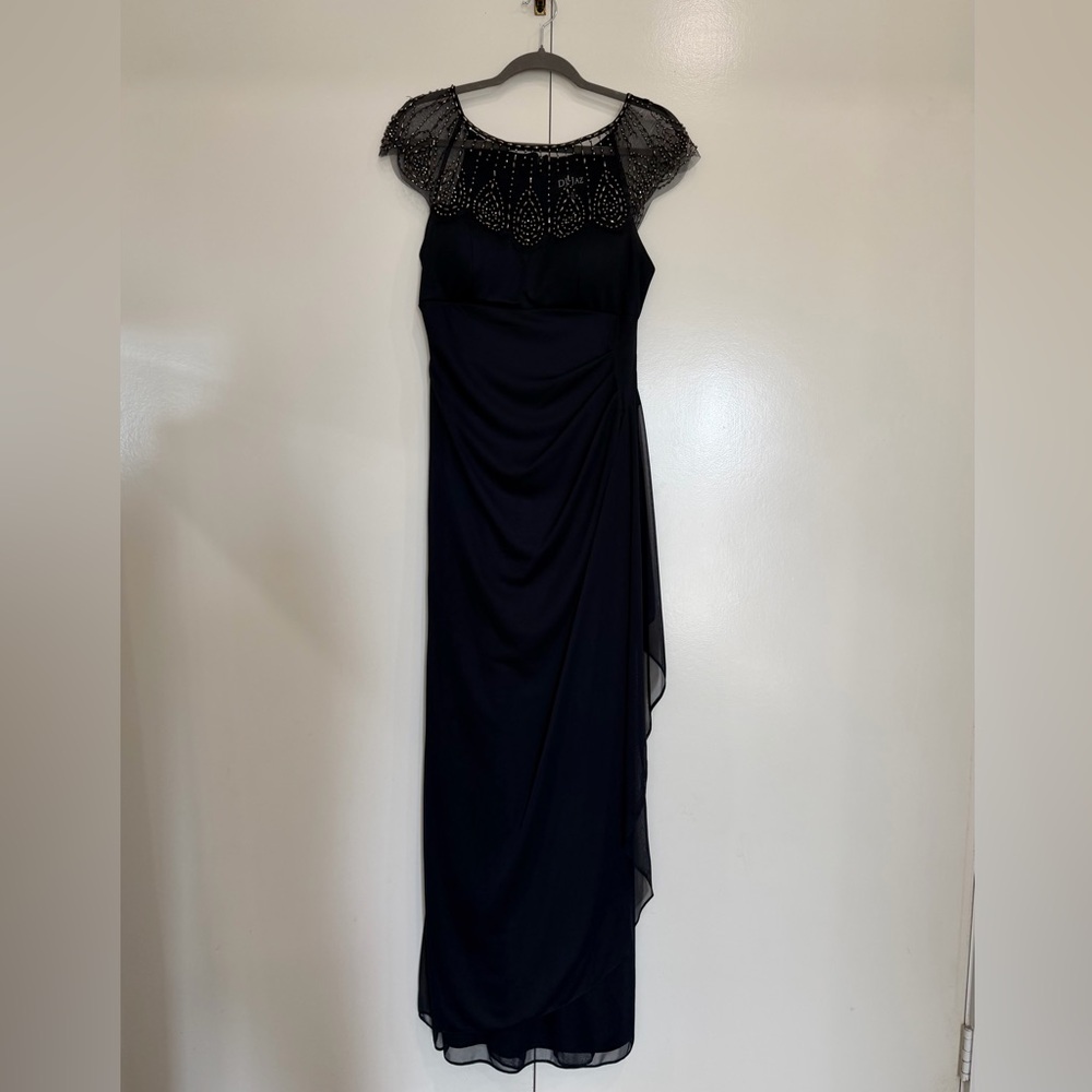 Elegant Navy Blue Beaded Illusion-Yoke Evening Dress